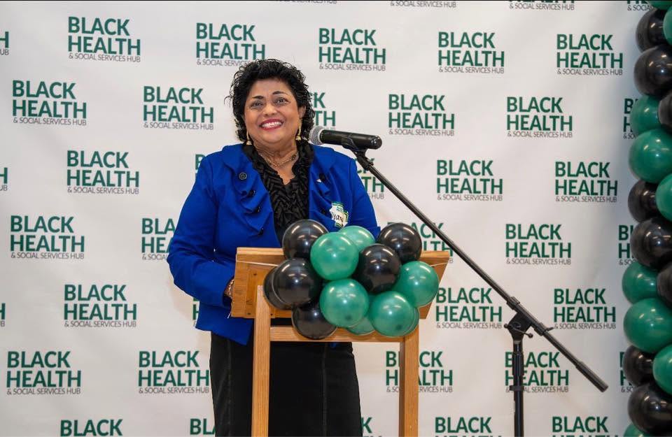 Diana Alli D’Souza speaking at a Black Health and Social Services Hub event